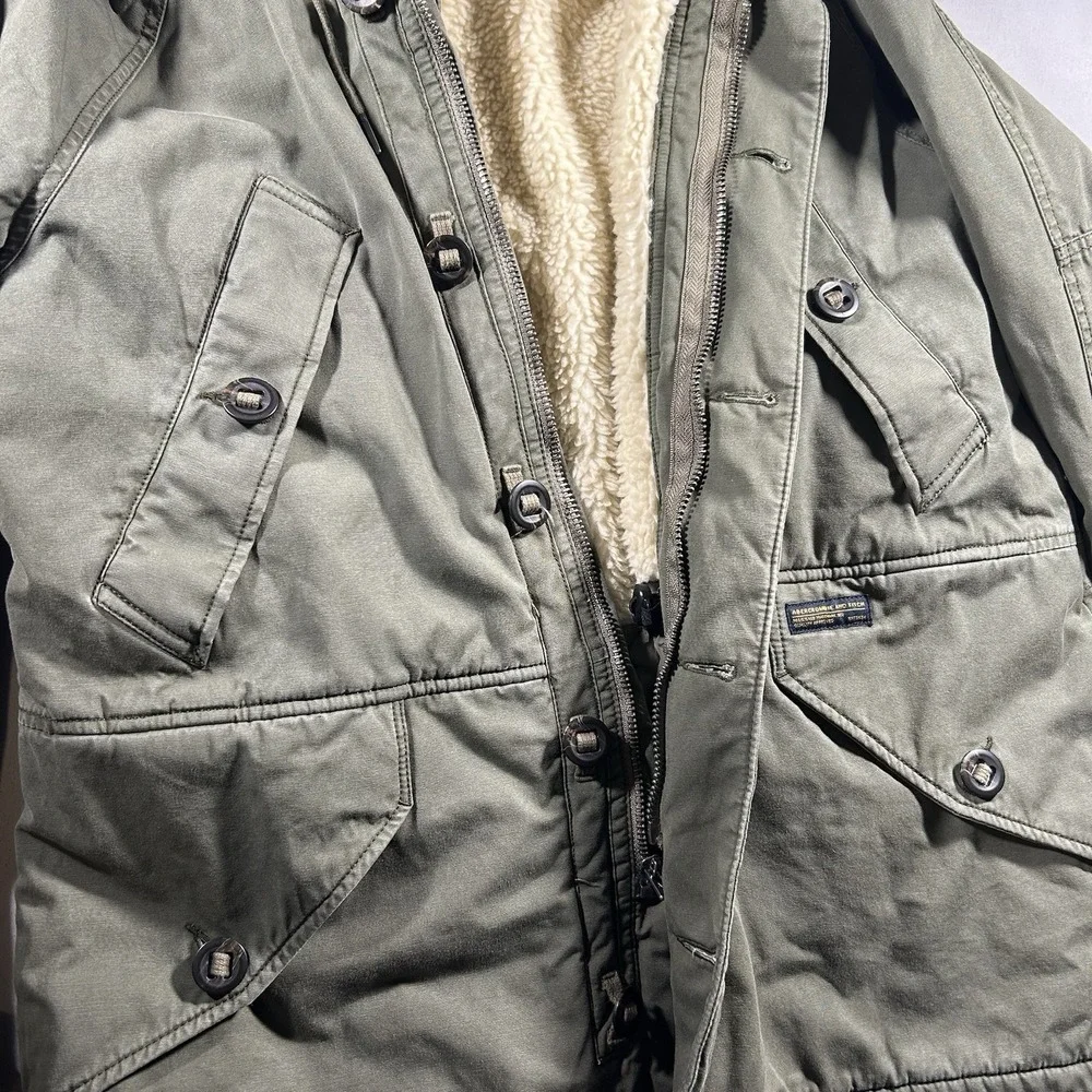 Abercrombie & Fitch Sherpa Lined Military Parka Olive Green Hooded Mens M - Picture 4 of 11